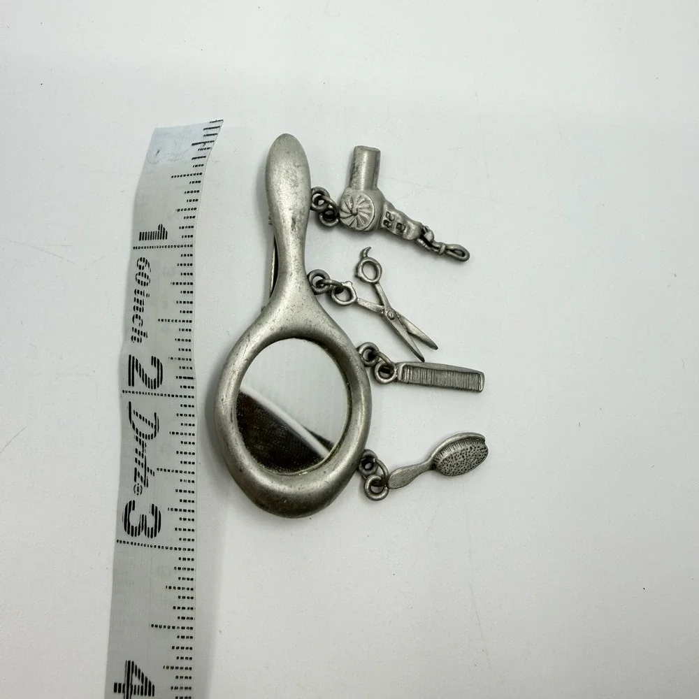 Hair Stylist Mirror Brooch Pin Silver Tone Comb Scissors Dryer Dangle Charms